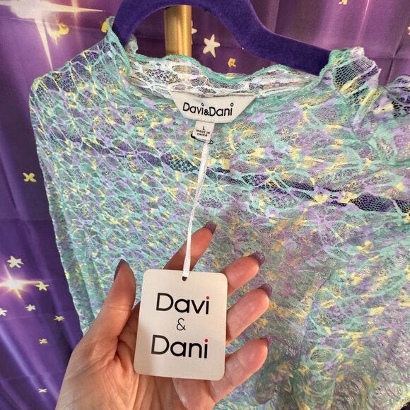 Davi & Dani - Mock Neck Lace Long Sleeve Top - Lavender Multi - L (12-14) - NWT - Picture 2 of 5